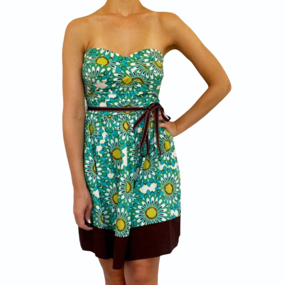 Trixxi blue green strapless floral daisy print dress size small